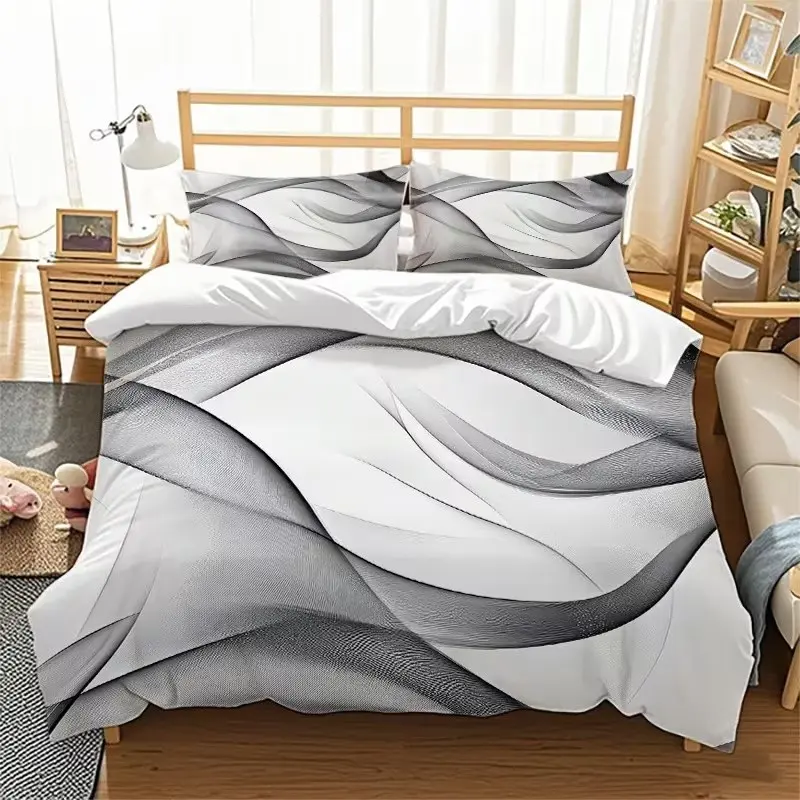 Tech-Style Curve Print Bedding Set, 1 Duvet Cover + 2 Pillowcases, High-Definition Printing, Home & Dorm Room Bed Linen