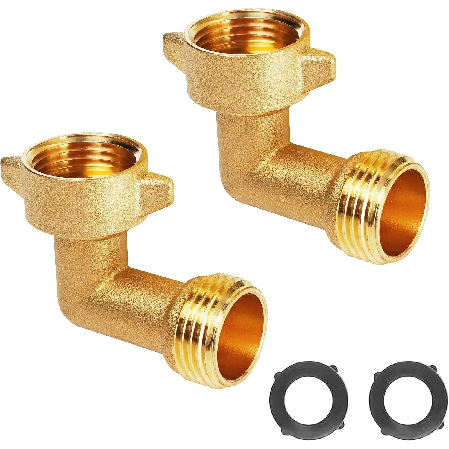 2 Pack 90  Garden Hose Elbow Connectors, 3/4" Heavy Duty Brass Hose Elbow, Hose Adapter with 2 Washers for RV Residential Outdoor Faucets