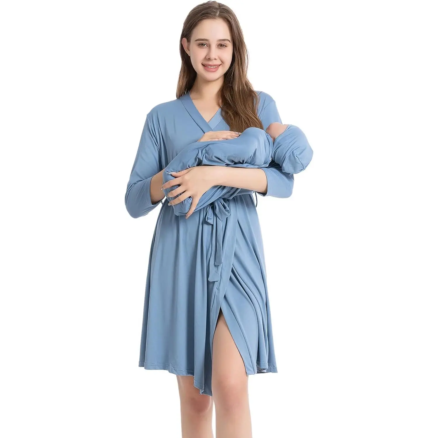 Women's Maternity 3-Piece Robe & Swaddle Set - Stretchy Elastane, 32in Baby Receiving Blanket, Matching Headband, Easy On/Off, Loose Cuffs, Denim Blue for Labor & Delivery, Mommy Use, Maternity Supplies, Pregnancy Clothes, Swaddle Blanket, Mommy And Me