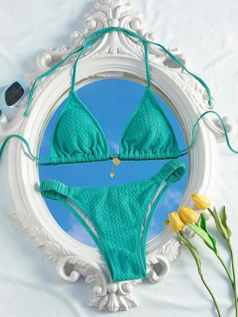 Two-Piece Set Women's Textured Bikini Set, Halter Triangle Swim Top & High Cut Two Piece Swimsuit, Ladies Summer Swimwear, Beach Bikini Set, Adjustable Strap Bikini