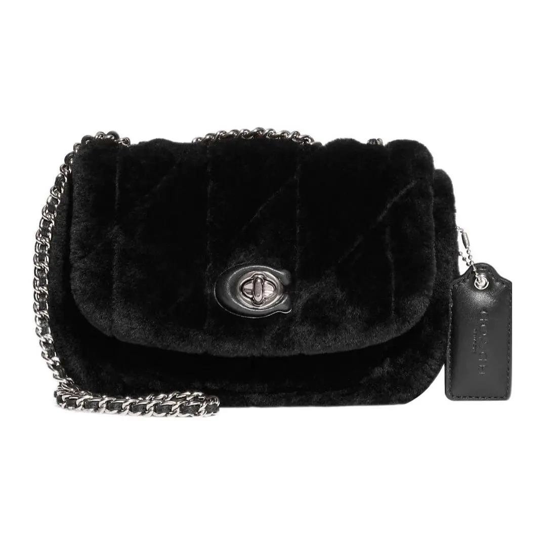 COACH Pillow 20 Satchel Handbag for Women – Shearling and Smooth Leather with Twist Lock Closure – Black