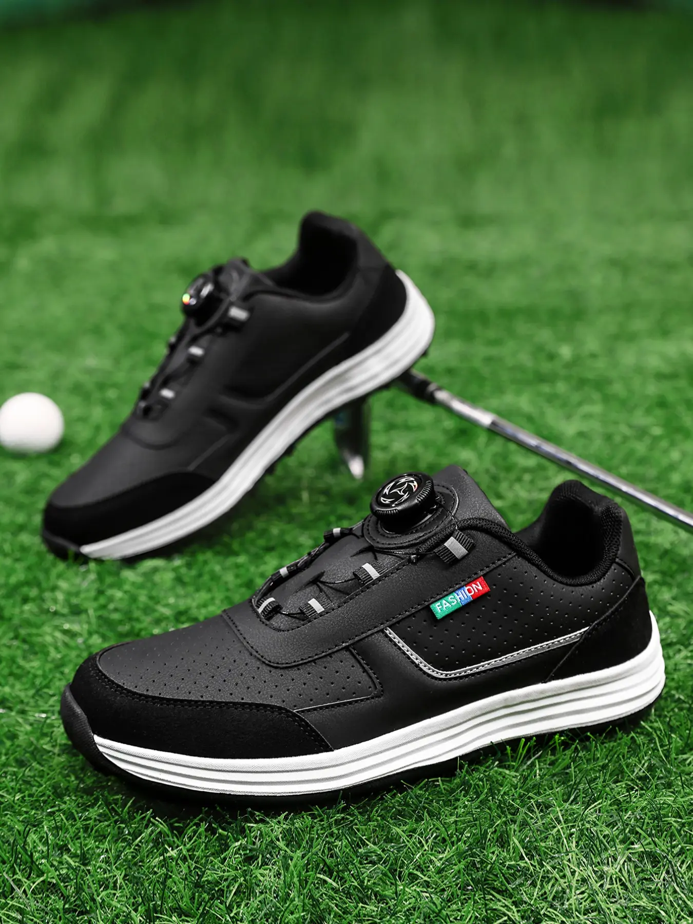 Men's Rotary Button Golf Shoes, Breathable Leather, Anti-Slip, Slip-On, Lightweight, Shock Absorption, Waterproof, Fashionable, Comfortable
