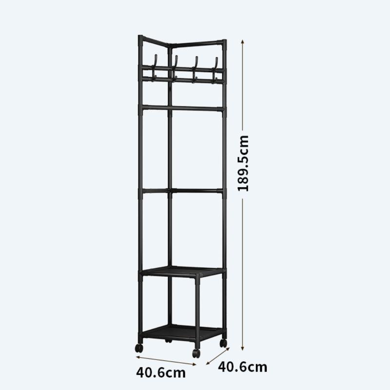 Black 2-Tier Freestanding Metal Coat Rack with 360 °   Swivel Wheels, Space-Saving Organizer with 4 Hooks & Storage Shelves for Bedroom/Entryway