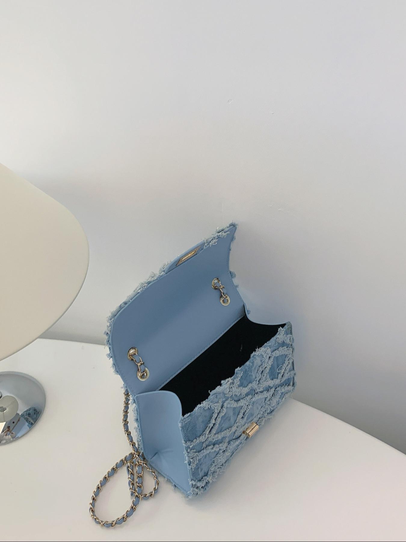 Women's Fashion Chain Strap Denim Rhombus Rough Edge Shoulder Bag, Casual Versatile Solid Color Underarm Bag, Trendy Daily Commuting Bag, Girl Fashionable Bag, Denim Crossbody Bags