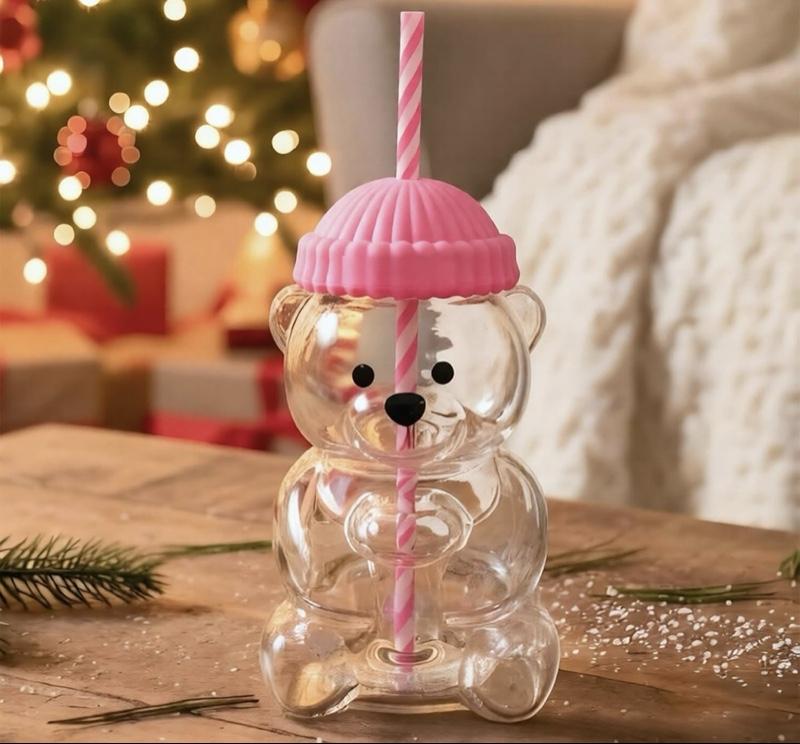 Straw-beary Bearista Glass Bear Cup with Adorable Pink Lid and Striped Straw Straw-beary Bearista Glass Bear Cup with Adorable Pink Lid and Striped Straw