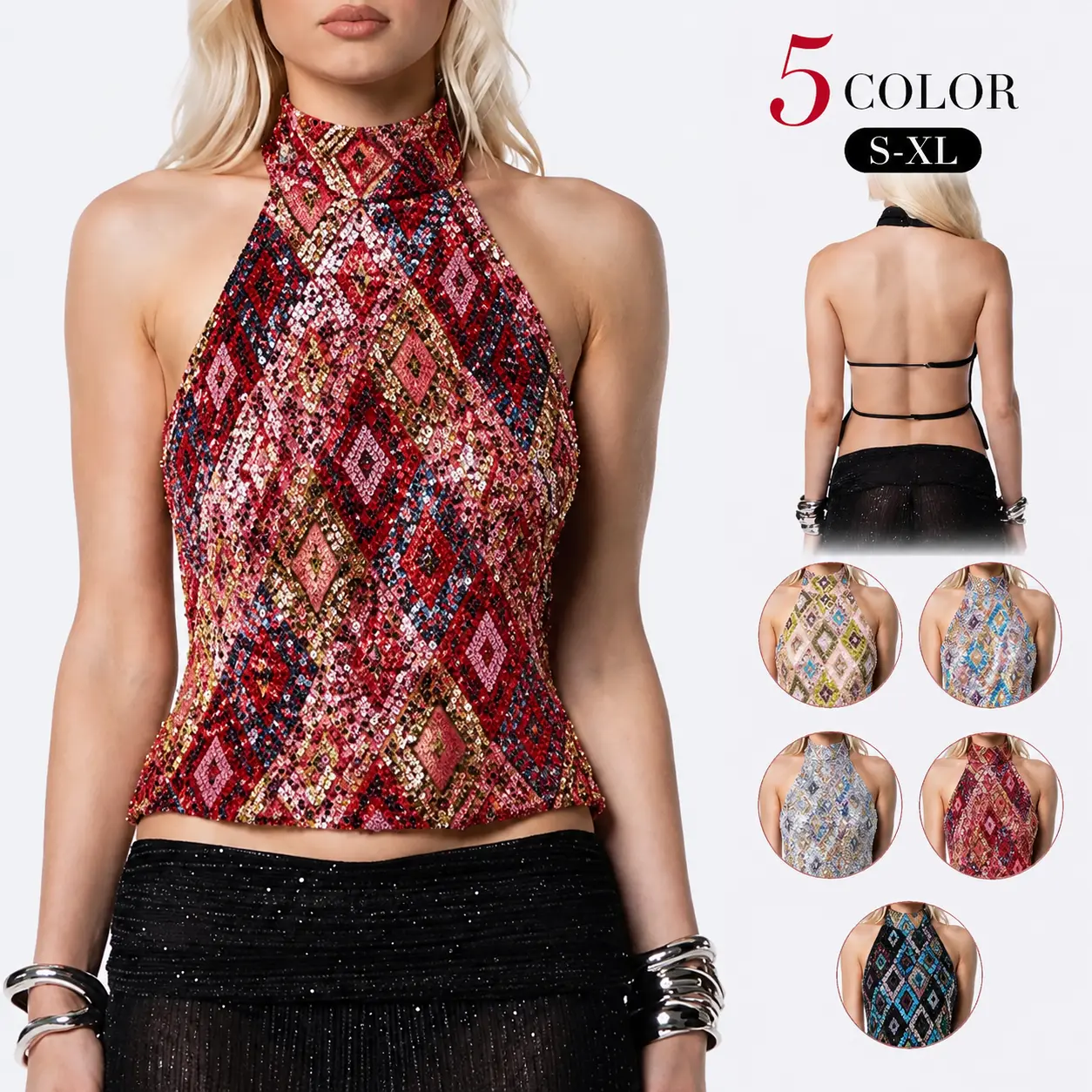 Women Halter Crop Top Diamond Geometric Sequin Beaded Fabric Festival Outfit High Neck Sleeveless Open Back Tie Back Sparkly Y2K Party Tank Top