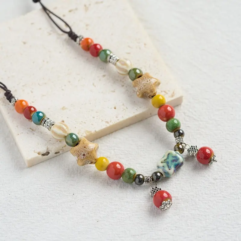 Ceramic jewelry ethnic style pendant, vintage sweater chain, long adjustable necklace