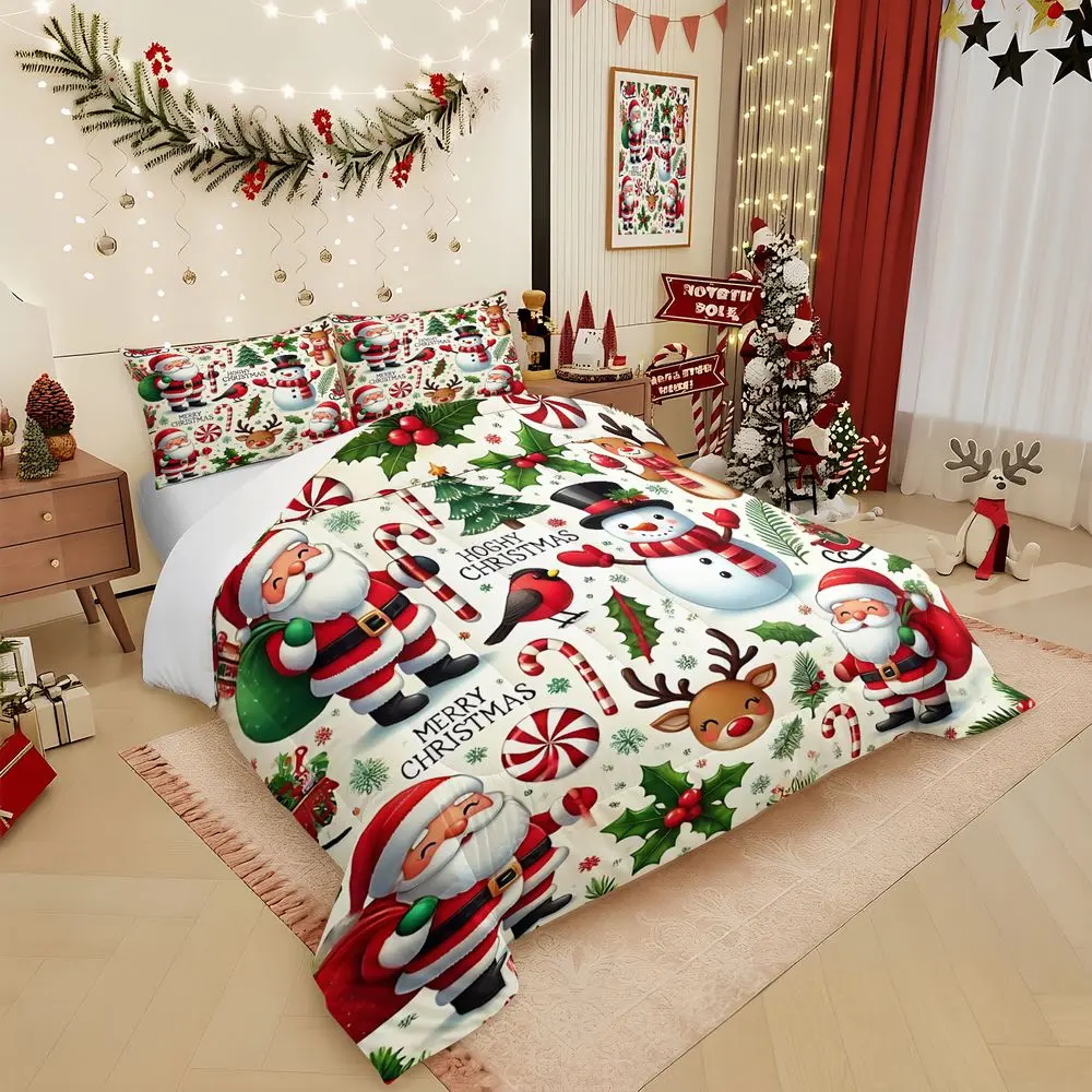 2/3Pcs Christmas Bedding Set Soft Microfiber Comforter Set Festive Santa & Reindeer Quilt Holiday Bedroom Decor Includes Pillowcase for Kids Adults Winter Home Bedding, No Pillow Core