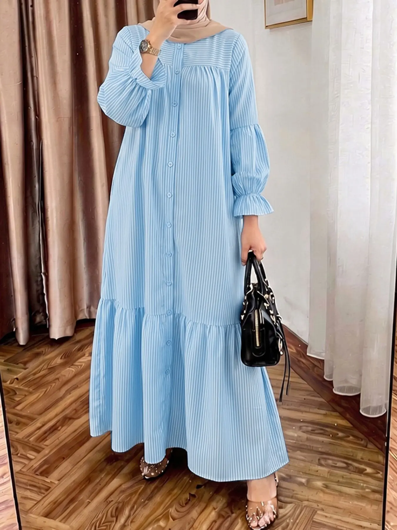 Women's Round Neck Loose Striped Long Sleeve Dress, Casual Modest Fashionable Muslim Clothing Dresses with Lantern Sleeves, Spring & Fall Fashion
