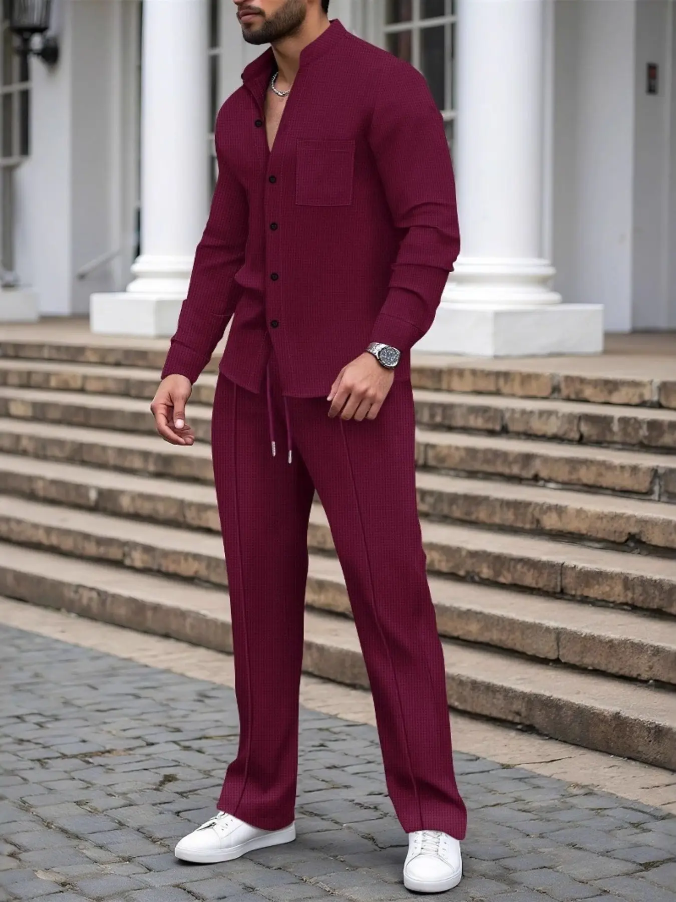 Men's Stand Collar Shirt Two Piece Set, Waffle Texture Zhongshan Neck Full Button Pure Color Drawstring Waist Straight Leg Casual Long Pants Set