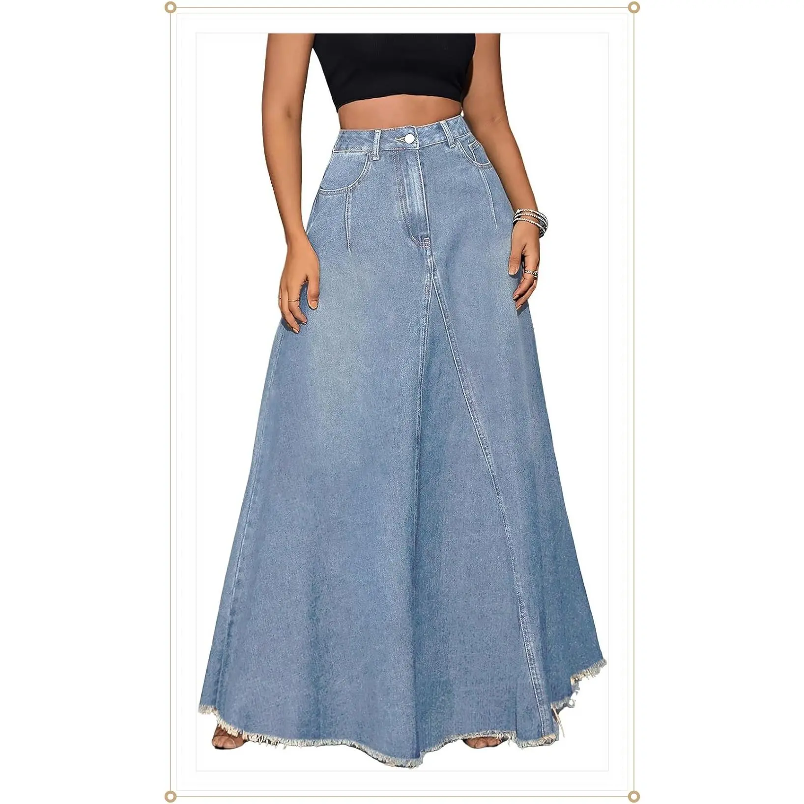 ebossy Women's Retro Distressed High-Waist Frayed-Hem Flared A-Line Patchwork Maxi Denim Skirt with Pockets, Buttons, Zipper - Casual Hippie Bottoms for Birthday, Party (Gift)