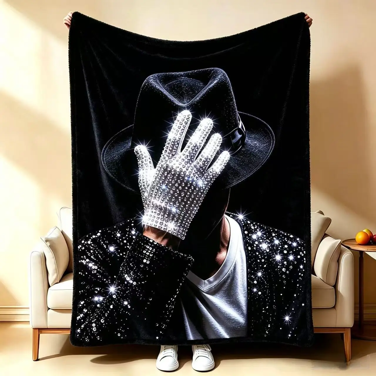 Michael J-Jackson MJ Sparkly Rhinestone Glove Flannel Throw Blanket, Black Classic Fedora Sequin Jacket Print Soft Flannel Blanket, Retro Music Icon Merch Cozy Blanket for Sofa Bedroom, Perfect Gift For Pop Music Fans & MJ Collectors