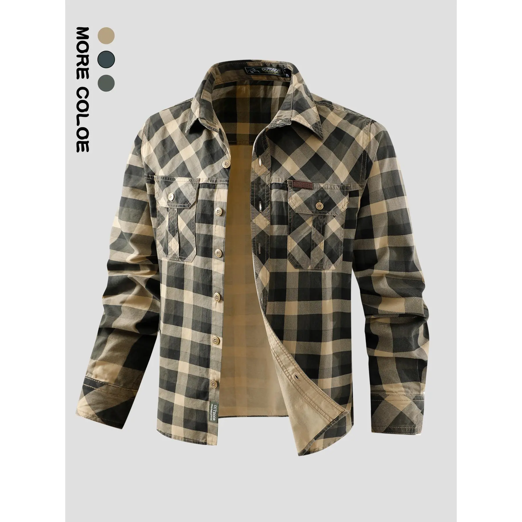 Men's Long-Sleeve Checked Stylish Button-Down Shirt - Double Pockets, Casual Workwear, Rugged Outdoor Utility Top, Buffalo Check Overshirt, Fall Transition Menswear, Machine Washable, Longsleeves, Outdoors, Double Chest Pockets, Do Not Dry Clean, Cotton,,