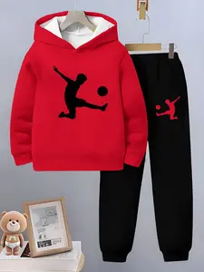 Boys' Football Print 3D Set 2.0, Hooded Sweatshirt and Pants Two-Piece Set, Autumn Winter Casual Kids Clothing, Sportswear Set