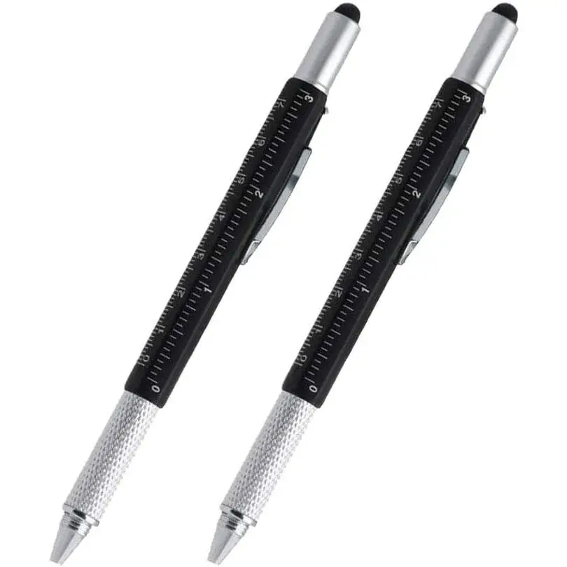Stylus Pen, 7-in-1 Multi-Tool Pen [Touchscreen Stylus, Ballpoint Pen, Ruler, Level, Phillips  and Flathead] (2 Pack Black)