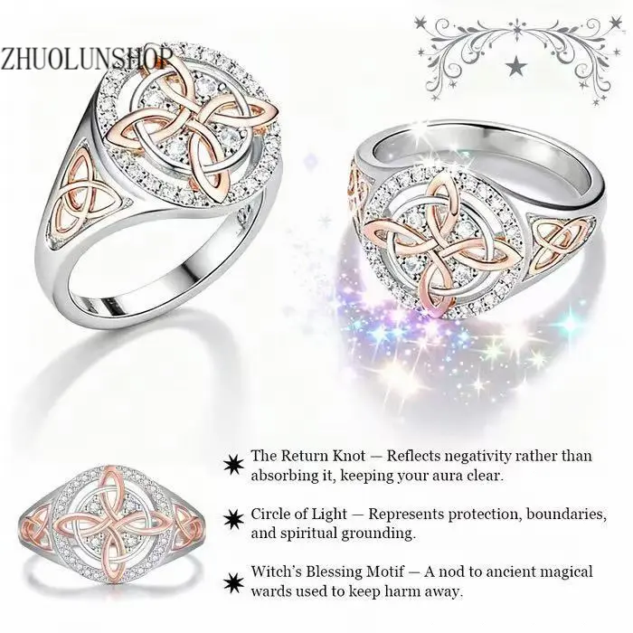 Rose‑Gold‑Plated Cubic‑Zircon Witch’s Knot Ring with Classic Celtic‑Knot Design for Women & Teen‑Girls Witchtok‑Style Pagan Protection‑Themed Finger Jewelry, Spiritual‑Symbol Faith‑Keepsake Style, Nickel‑Free Hypoallergenic Tarnish‑Resistant Polished Fini