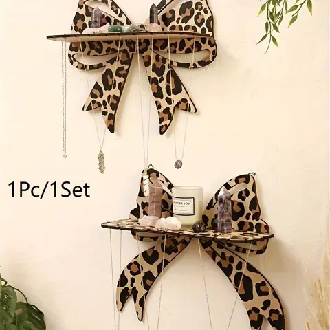 Leopard Print Bow Wall Shelf, Wall-Mounted Wooden Display Shelf, Decorative Hanging Rack for Bedroom, Living Room or Vanity, Boho Shelf Decor