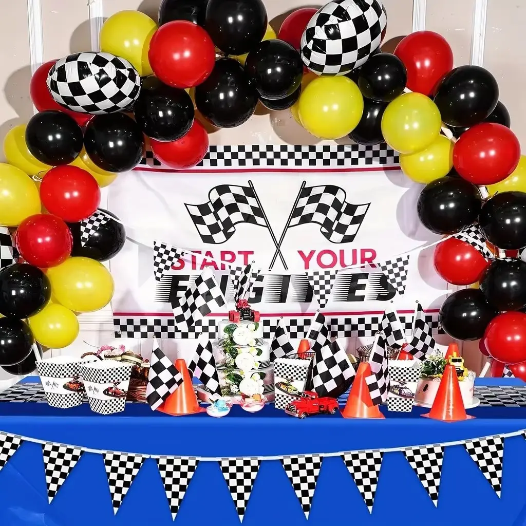 111pcs Car Theme Balloon Set, Checkerboard Tire Balloons, Checkered Balloons, Race Birthday Party, Men's Singles, Outdoor Carnival Decor, Party Balloons Decorations