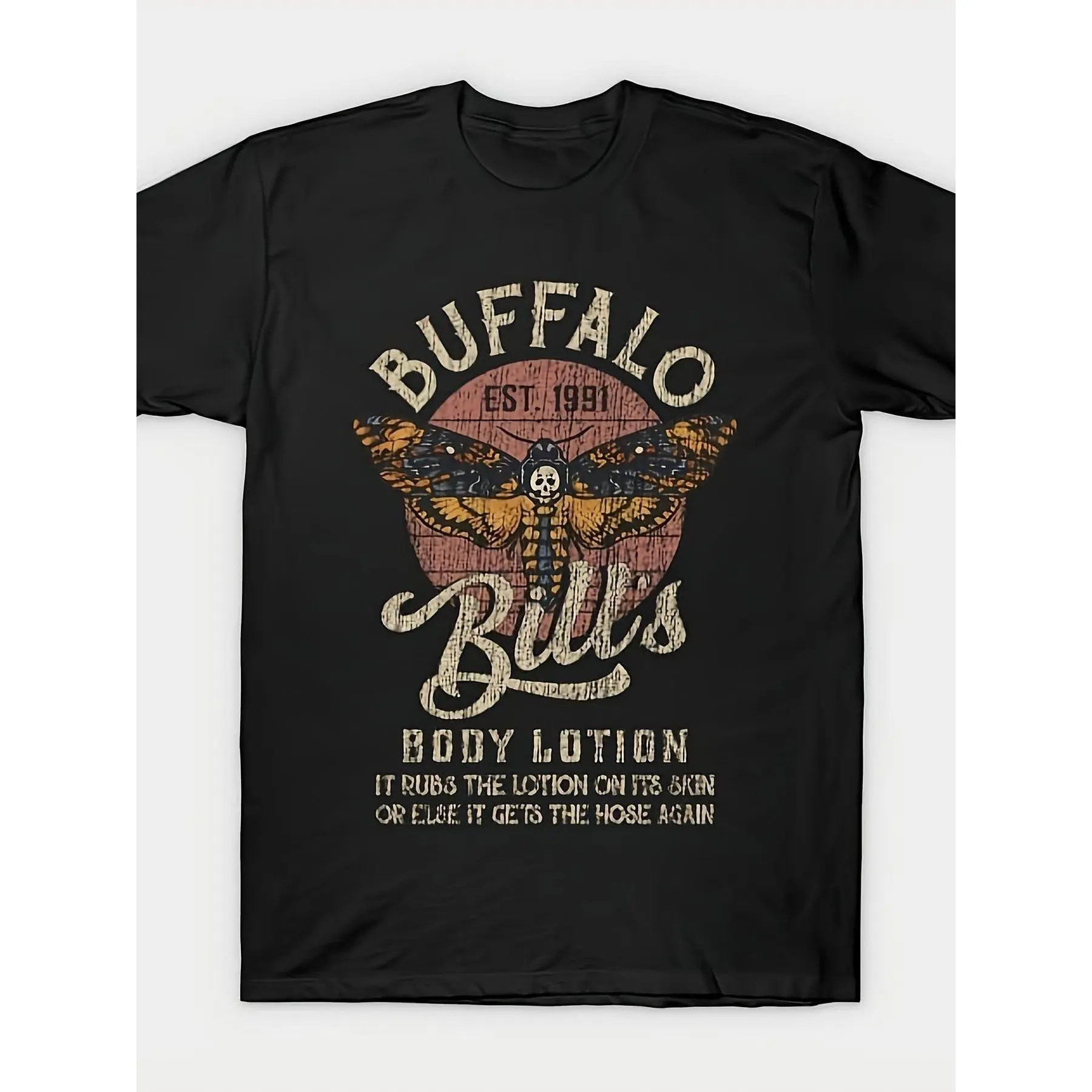 Vintage Buffalo Graphic T-Shirt with Unique Moth Design - Cool Distressed Tee Featuring EST.1991, Bull's Body Lotion Quote, and Eye-Catching Colors - Perfect for Casual Wear or Trendy Street Style
