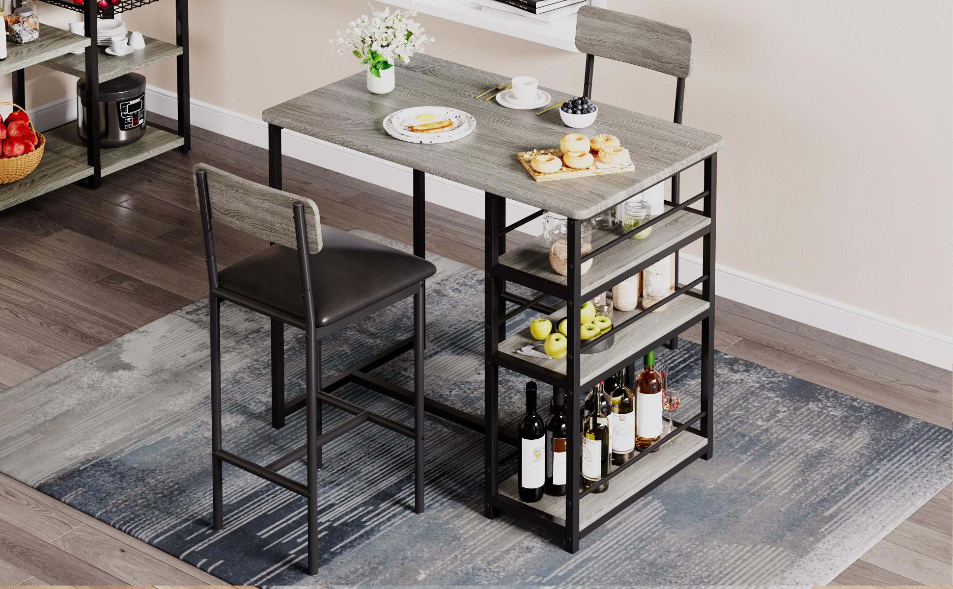YJ-Garvee 3-Piece ，1 Dining Table Set for 2 with Upholstered Chairs, Counter Height Kitchen Table with 3 Storage Shelves, Rustic Gray Finish, Ideal for Small Spaces and Apartments