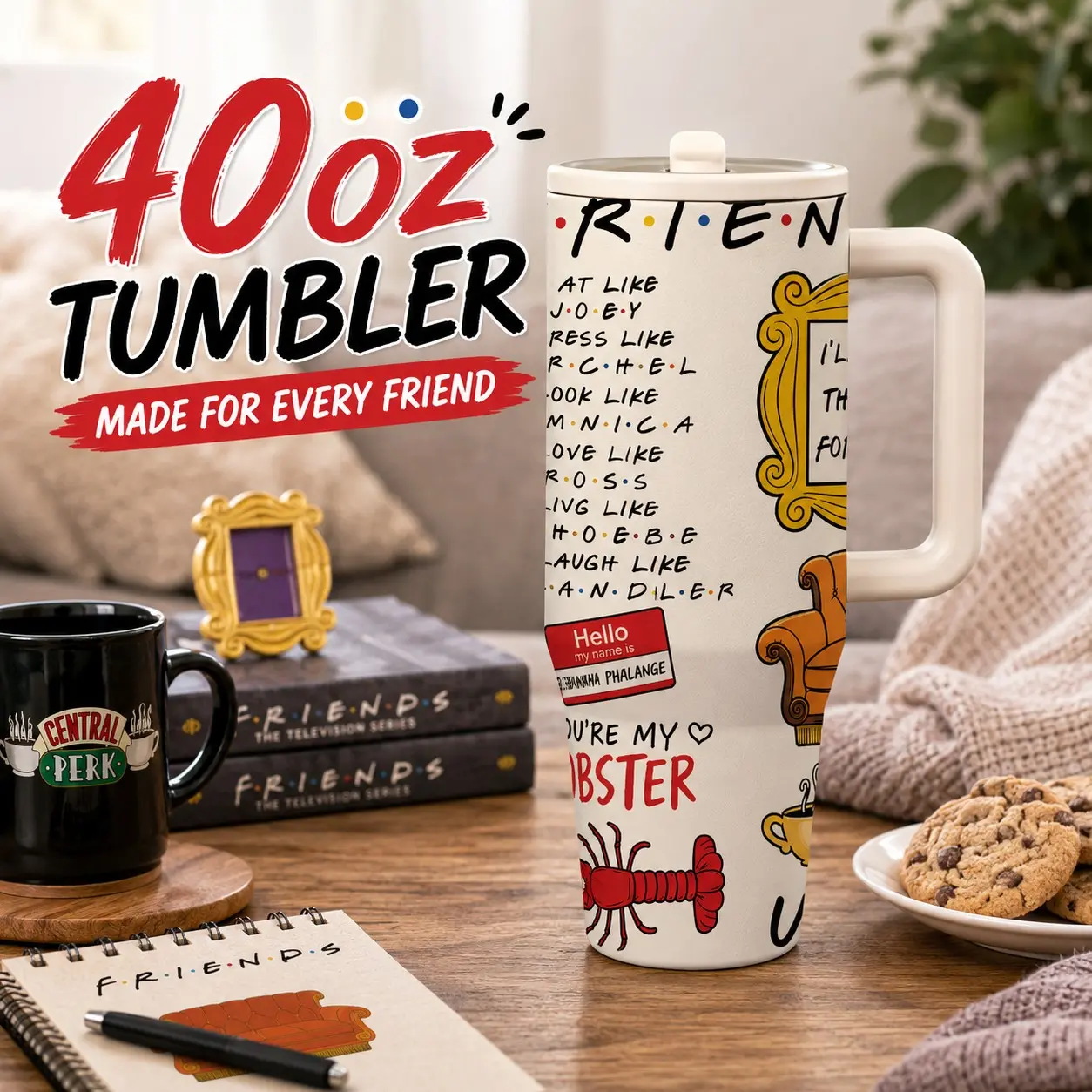 1 Pc 40oz Friends Inspired Lobster Insulated Tumbler, Double Wall, Leak-Proof, Stainless, Keeps Hot for 12hrs, Keeps Cold for 24hrs, Perfect for Daily Use, Office, Travel, Stylish & Durable, Ideal Gift for Friends, Sitcom Fans, Birthdays, Holidays
