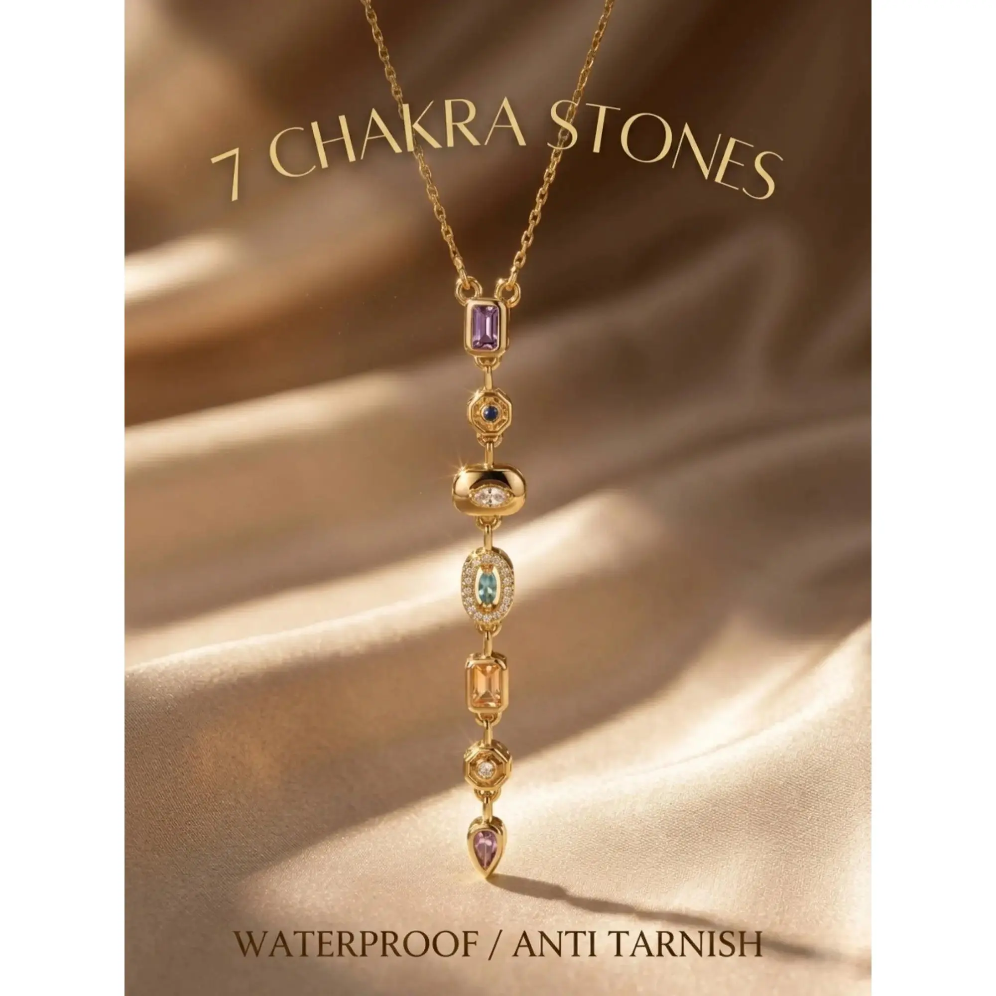 1 Pc Bohemian 7 Chakra Healing Stone Y Necklace for Women, 18K Gold Plated Waterproof Non-Tarnish Gemstone Vertical Drop Pendant, Choker Protection Crystal Jewelry, Daily Casual Party Birthday Gifts, Statement Necklace