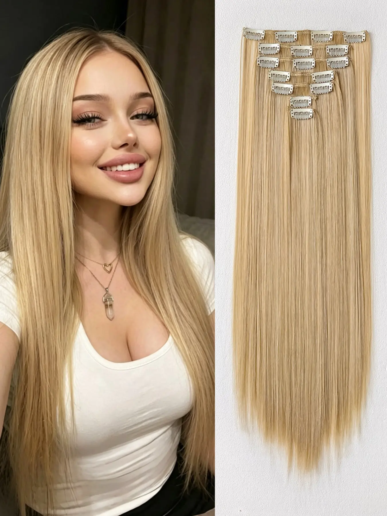 Clip-In Long Straight Synthetic Hair Extensions, 24 Inches 7pcs Dark Blonde Highlights, Soft Fiber, Women's Hair Pieces
