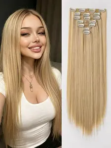 Clip-In Long Straight Synthetic Hair Extensions, 24 Inches 7pcs Dark Blonde Highlights, Soft Fiber, Women's Hair Pieces