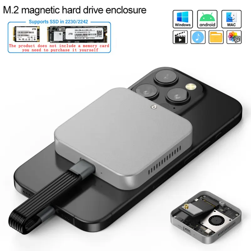 Magnetic external hard drive, External storage devices, mobile phone external hard drive enclosure, phone photo & memory storage, for iPhone 15 Pro and above models, Type-C, 10Gbps transfer speed, 2TB, external SSD enclosure, supports 2230/2242 SSDs