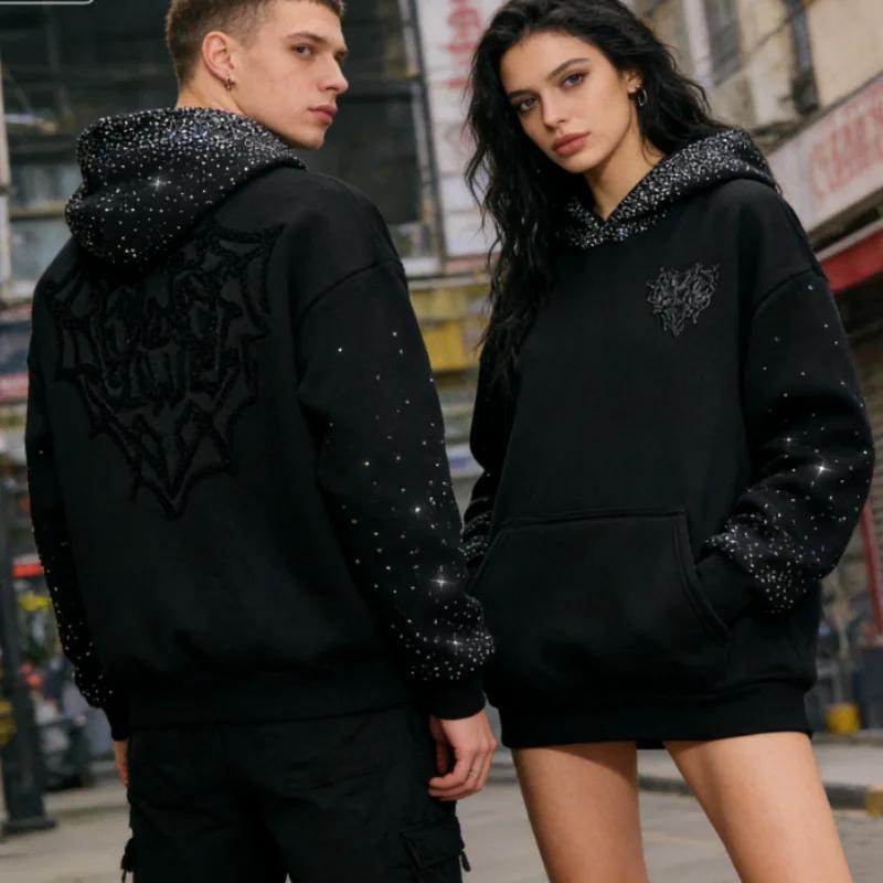Kyn Apparel Rhinestone Embellished Hoodie Men Women Gothic Embroidery Sparkle Sleeve & Hood Pullover Fall Y2K Streetwear