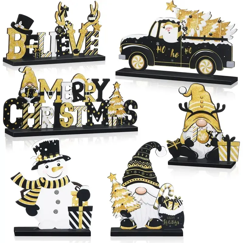 6-Piece Wooden Christmas Table Centerpiece Set, Snowman Santa Dwarf Sign Holiday Party Supplies ()