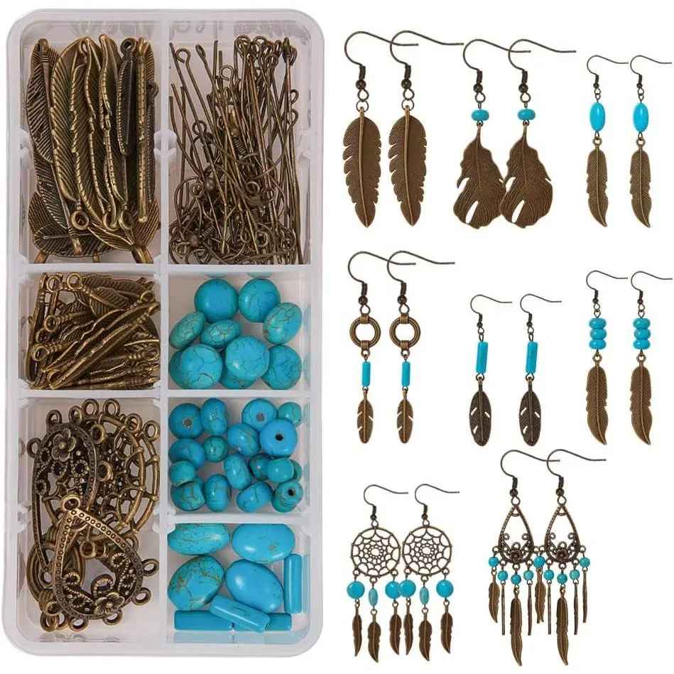 1 Box DIY 8 Pairs Bohemian  Dream Catcher Earring Making Kit Antique Bronze  Charm Connector, Turquoise  Beads, Earring Hooks  Supplies Beginners, Instruction
