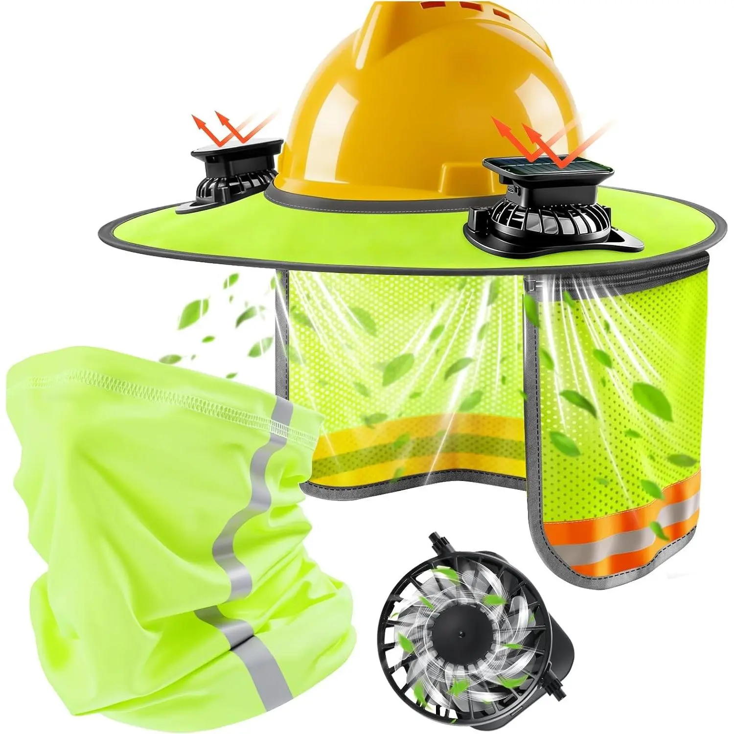 1 Set Hardhat Sun Shade Kit, Hard Hat Visor Sun Shade Full Brim with Solar Fans and Neck Gaiter, Hard Hat Sun Shield with Reflective Strip for Construction Workers Outdoor(Neon Yellow)Gift.
