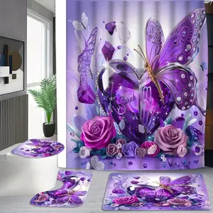 1/4PCS Diamond Butterfly Pattern Shower Curtain – Digital Print Modern Style, Machine Washable, All-Season Use, Easy to Install, Includes 12 Hooks, Perfect for Home Bathroom, Guest Room, Bedroom & Living Room