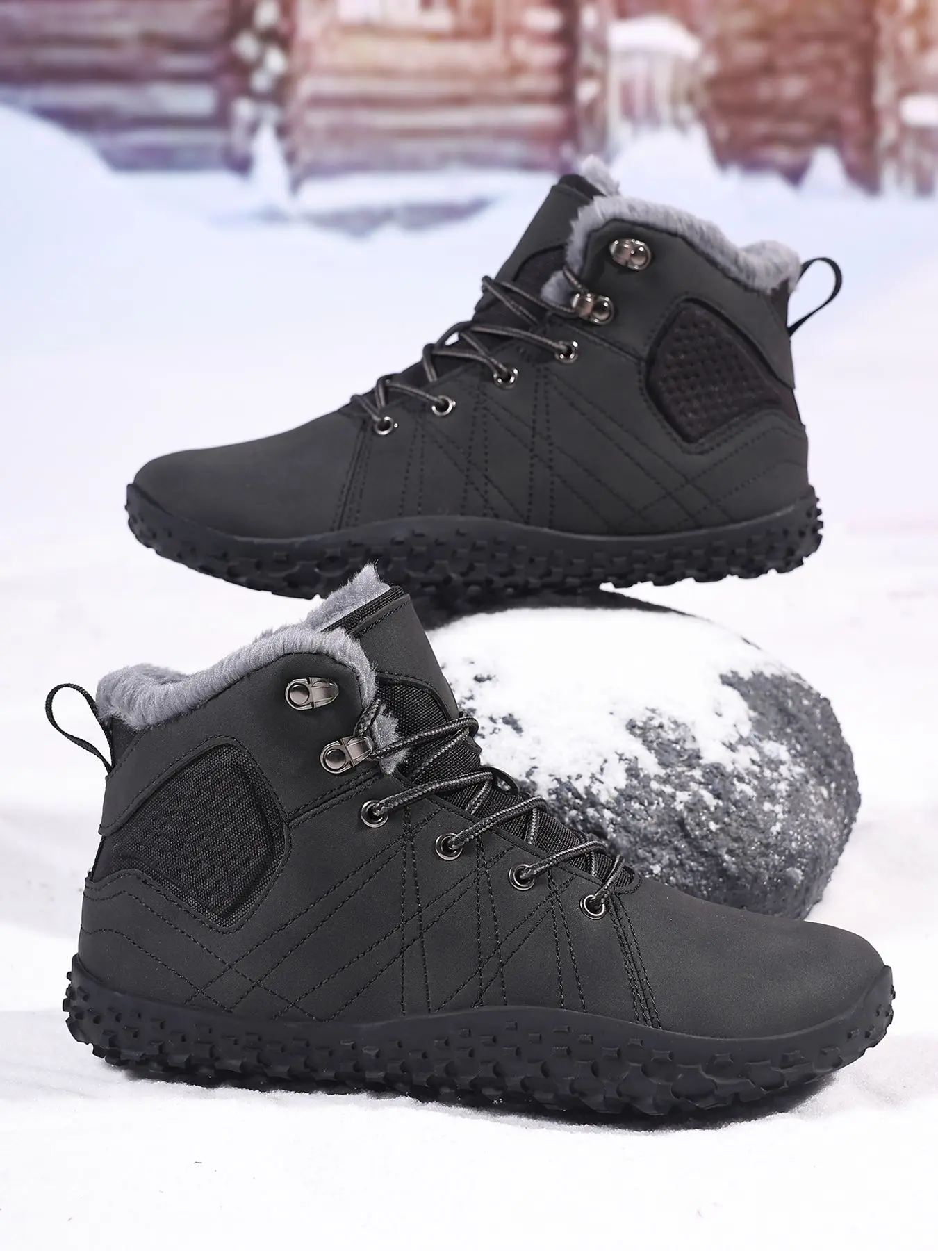 Men's wide footed outdoor snow boots, winter barefoot cotton shoes, hiking shoes, strong grip.