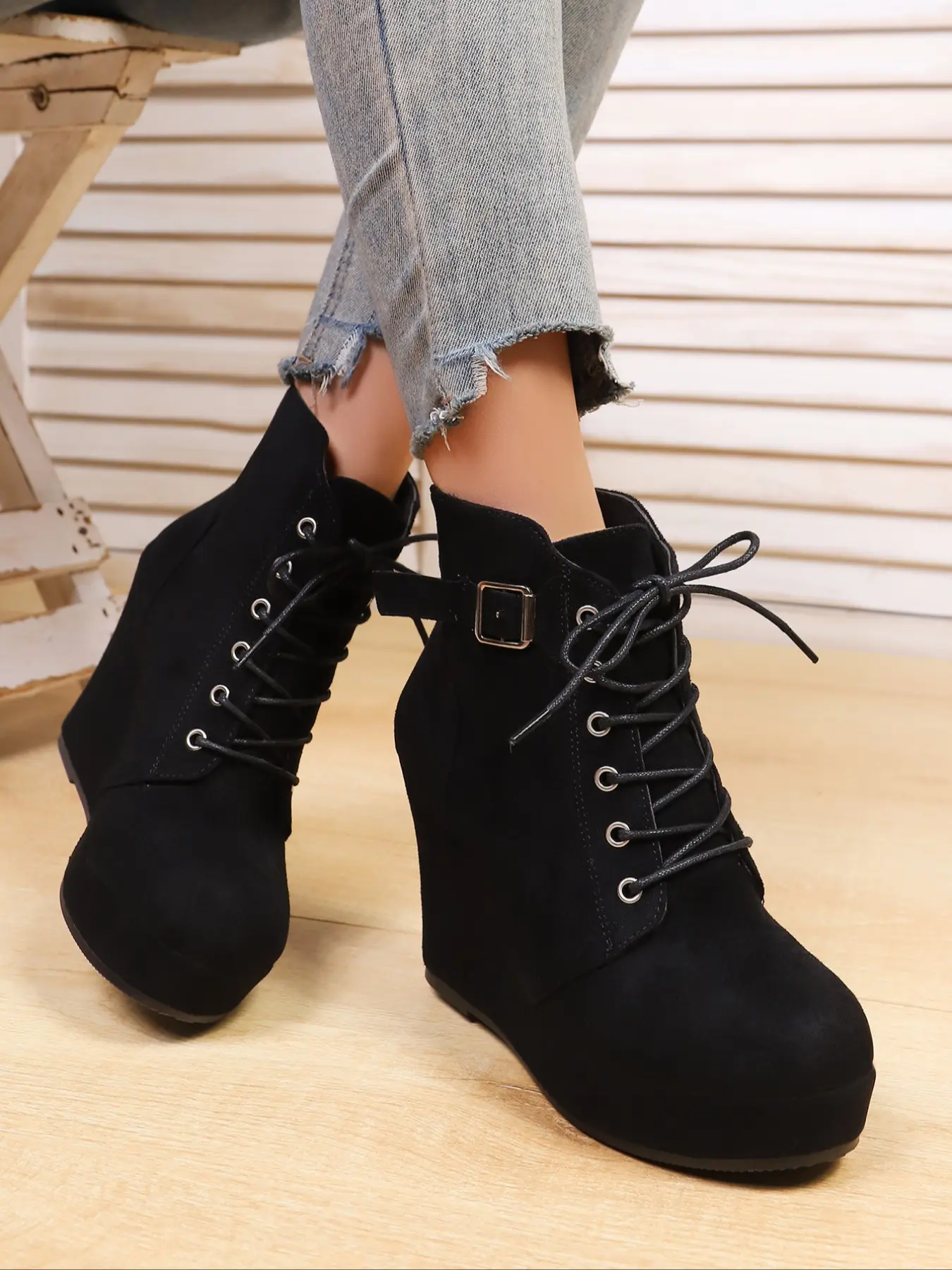 Women's New Wedge Heel Thick Sole Boots, Buckle Decoration Elevator Short Boots, Round Toe Lace-Up Boots, Outdoor Fashion Boots
