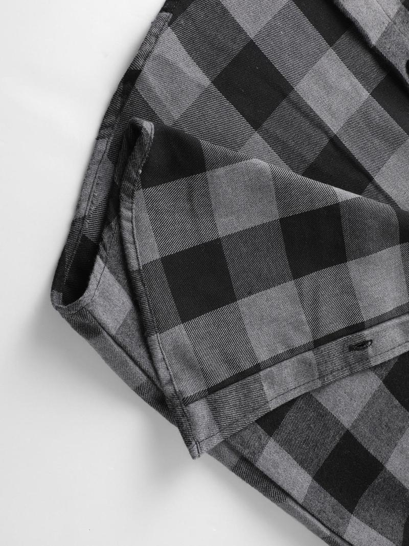 【Plus Size】 Plaid Print Button Front Hooded Shirt, Casual Regular Fit Long Sleeve Top for Daily Outdoor Wear, Men's Clothes for All Seasons