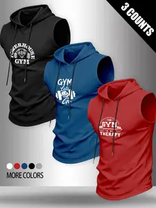 Men's 3-Pack Barbell Gym Motivational Hooded Sleeveless Fitness Tank Top Set, High Stretch Muscle Showcasing, Fashionable Training Wear