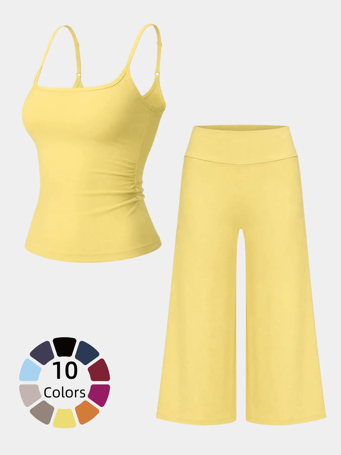 Adjustable Strap Top and High-Waist Wide-Leg Pants Set, Athleisure Summer Clothes, Soft Stretch Fabric, Sporty Style, Quick Dry, Suitable for Spring Summer Fall
