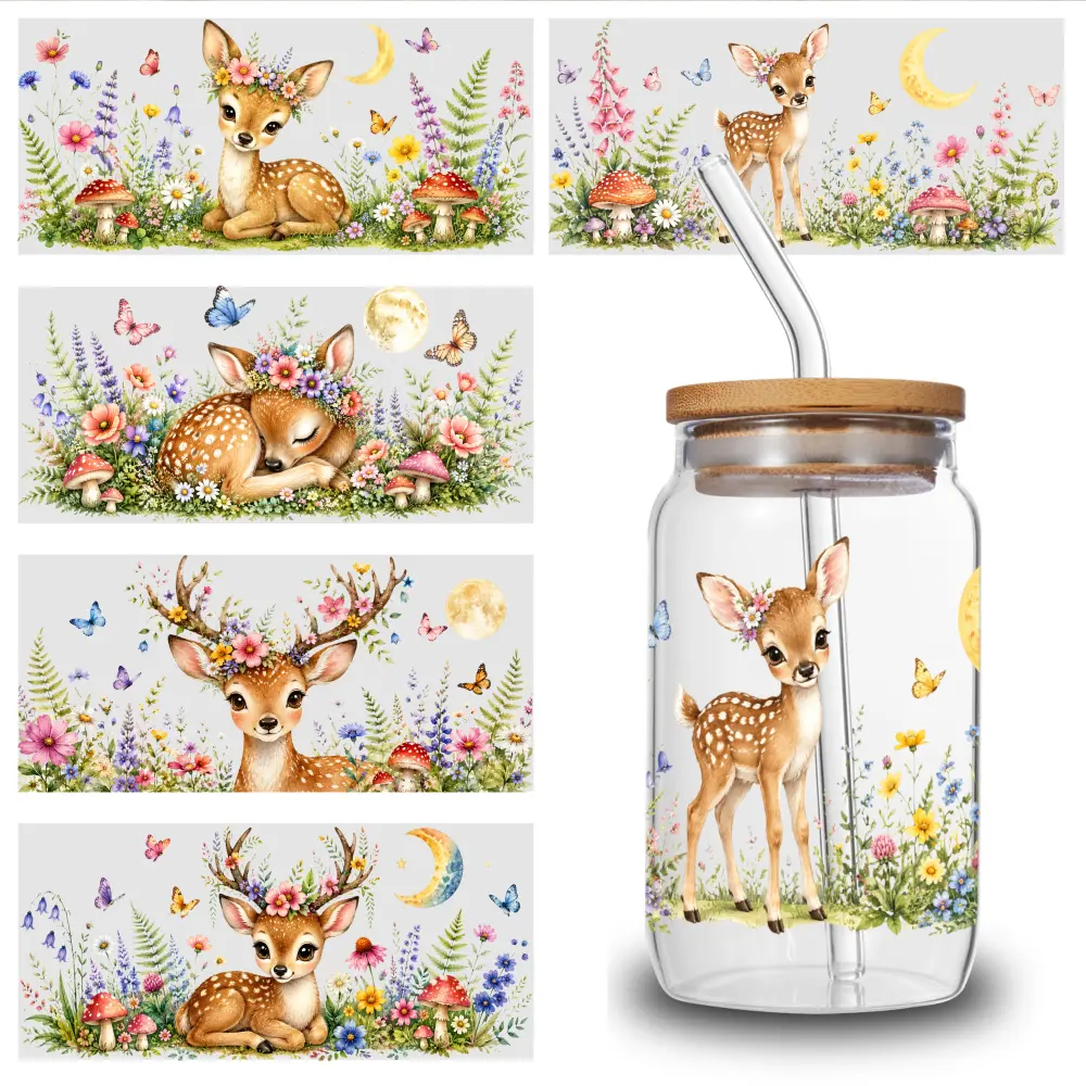5 Sheets Floral Fawn UV DTF Stickers UV DTF cup packaging transfer sticker, 16oz carafe decoration, suitable for any smooth object surface, craft decoration, glass decoration, campus decoration, small gifts for friends, small gifts for family.