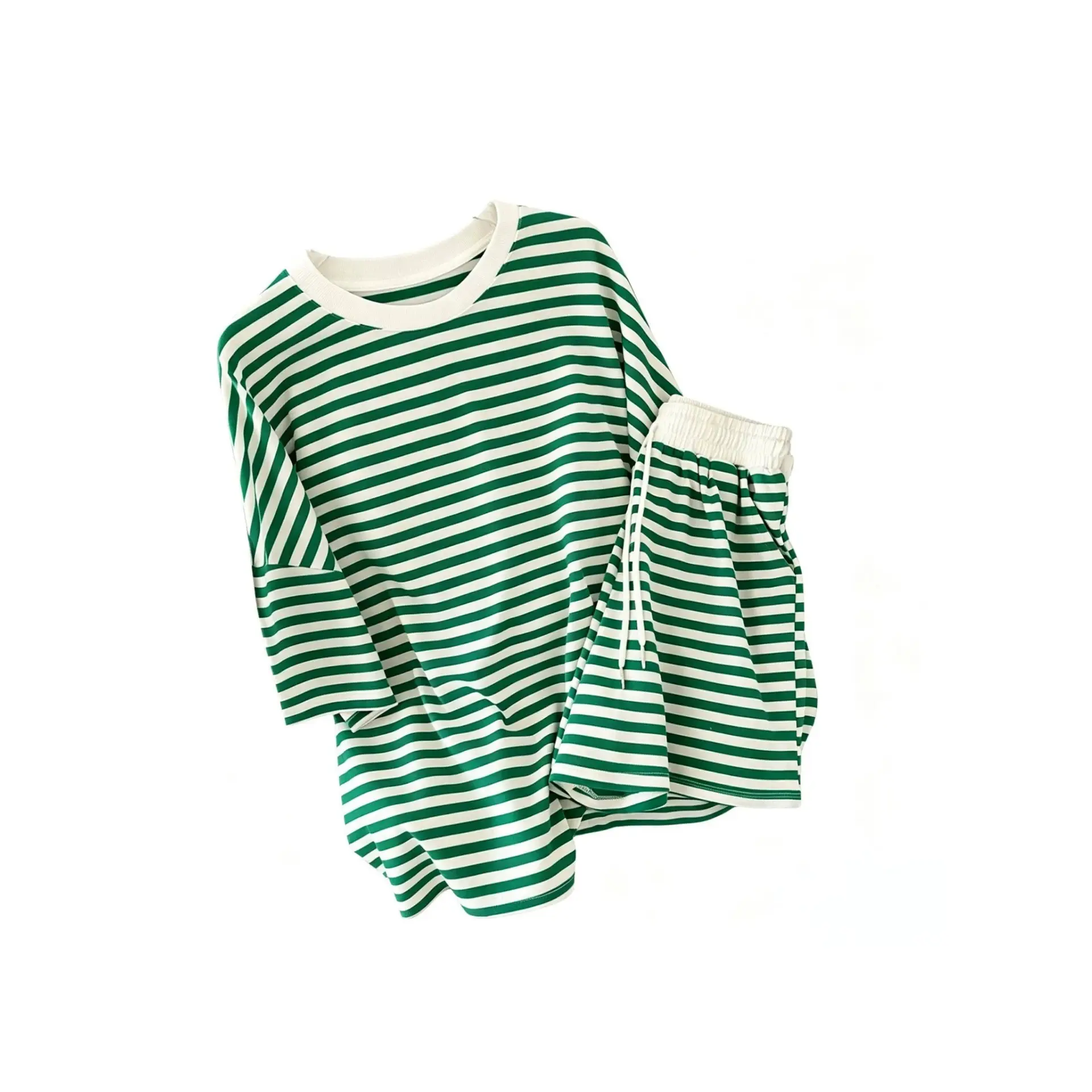 NBGRLVS Women's Plus Size Striped Round Neck Long Sleeve 2 Piece Set - T-Shirt & Shorts, Sporty Chic Matching Activewear, Casual Summer Back to School Sports Clothing Set, 2 Piece Sets