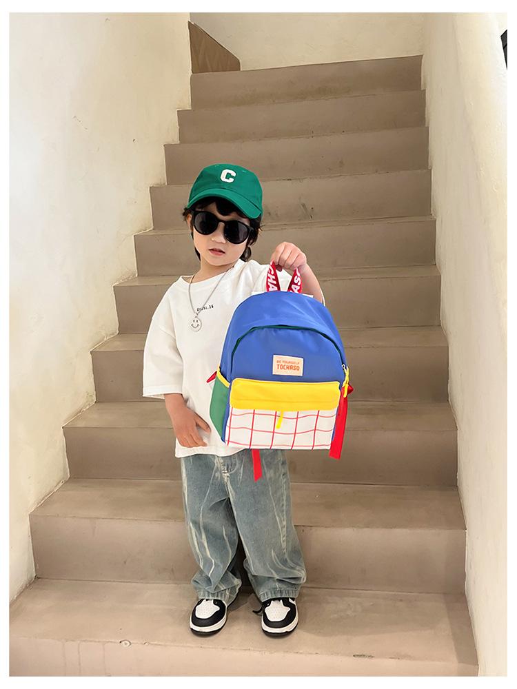 Kindergarten children's backpack, stylish baby color-blocking canvas backpack, lightweight backpack for boys and girls aged 3-6 years old