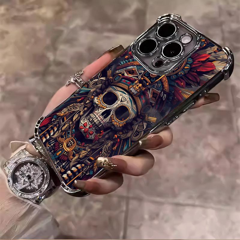 Premium Indian-inspired skull pattern Designed for iPhone 17/16/15/14/13/12/11 Pro Max Plus Electroplating luxury transparent four corner anti drop and shockproof Phone Case 140 face phone case Protector Screen Protector Protection Cover Casing Cellphone