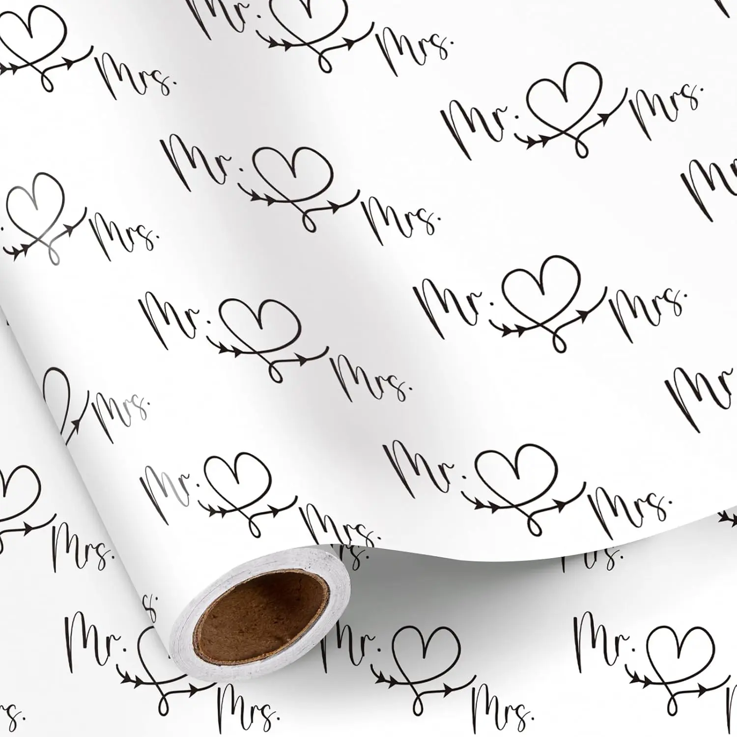 RUSPEPA Elegant Mr. & Mrs. Wrapping Paper Roll, Black & White Wedding Gift Wrap with Heart & Arrow Design, Engagement, Anniversary, Bridal Shower Gifts,17 Inches x 16.4 Feet