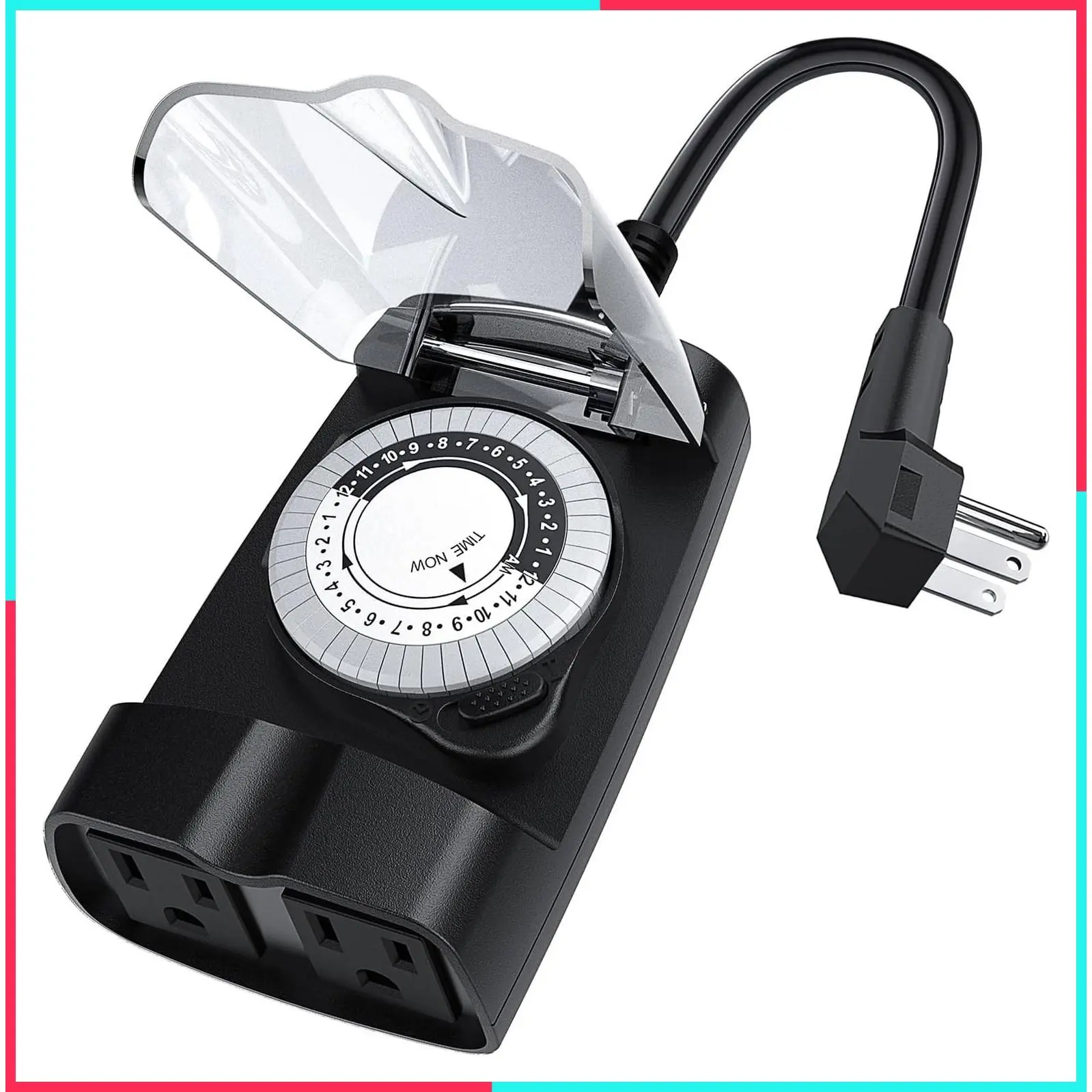 Outdoor Waterproof 24 Hour Light Timer for Electrical Outlets, Ideal for Pool Pump and Christmas Lights, Heavy Duty with 2 Grounded Outlets, ETL Listed, Black