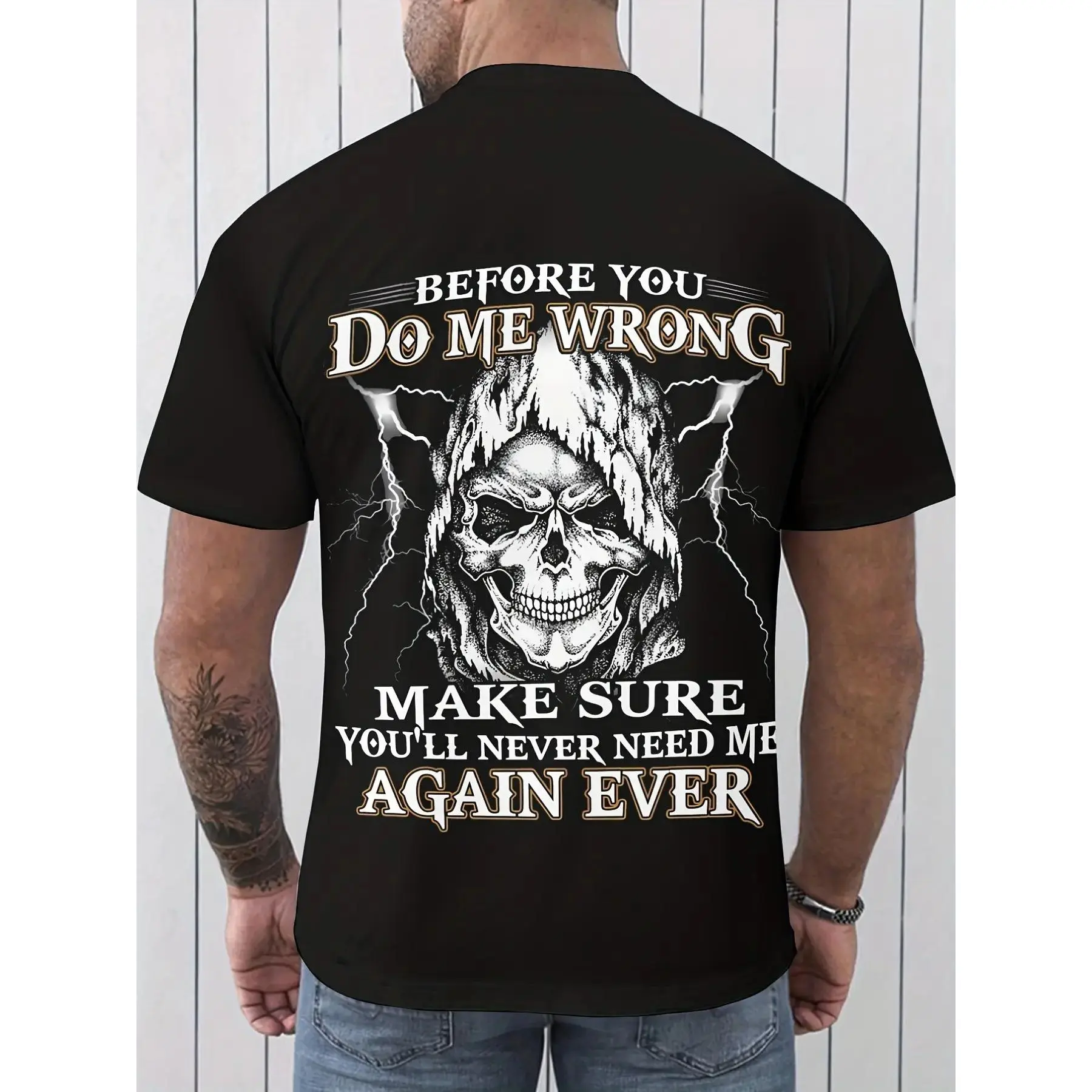 Men' Grim Reaper Skull 'Before You Do Wrong' Threatening Slogan T-Shirt - Edgy Crew Neck Tee with Non- Fabric, Size Casual Short Sleeve Top for Year-Round Wear & Statement Apparel