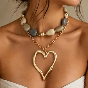 Y2K Viral Large Liquid Gold Heart Necklace Charcoal Gray Beaded Main Character Energy Baddie Aesthetic Statement Jewelry