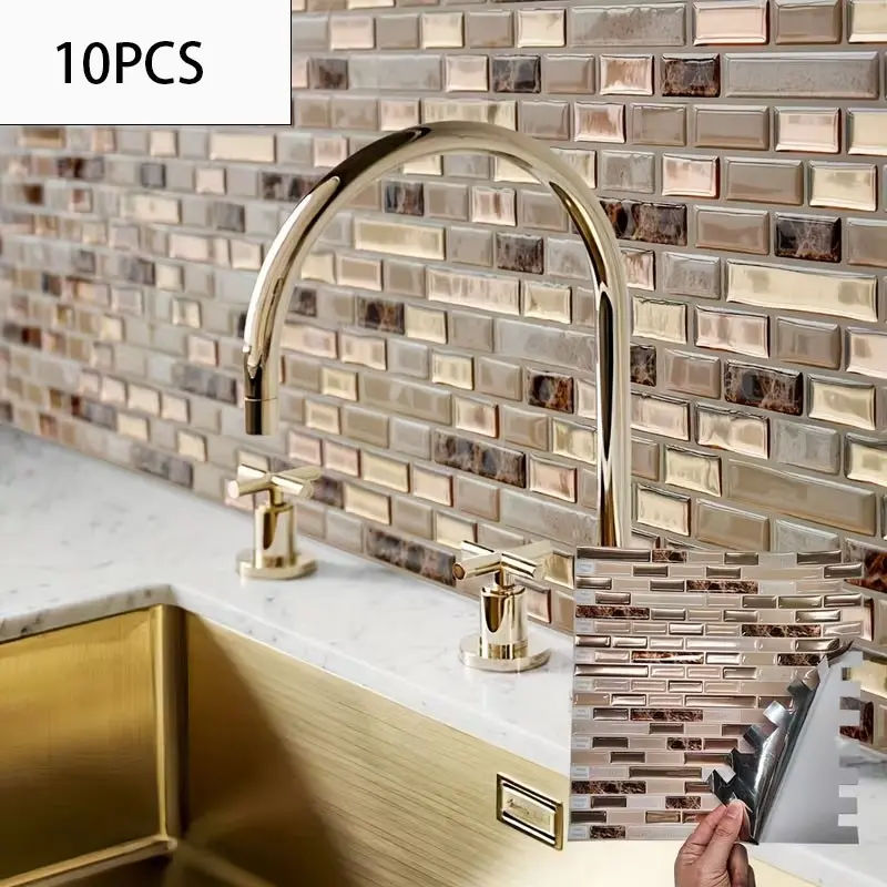 10pcs Gold Mosaic 3D Self-Adhesive Wall Tiles, Heat Resistant Peelable Kitchen Backsplash, Waterproof Bathroom Wall Stickers, Peel And Stick Wallpaper For Bathroom