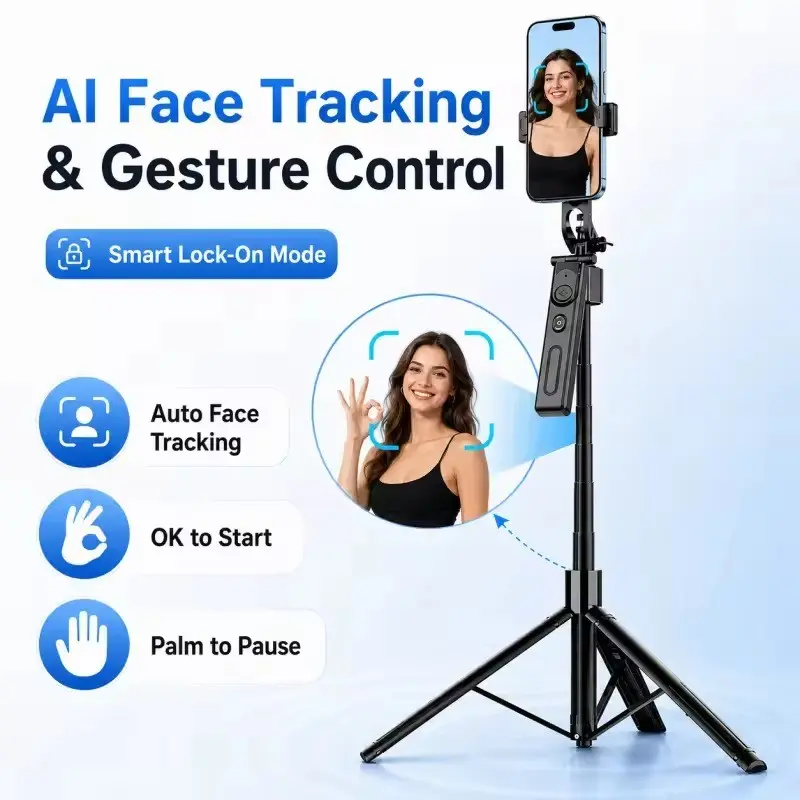 Automatic Face Tracking Tripod, 360° Rotatable, Remote Control, Compact Portable, Max Extendable Length 75.6 Inches, Smart Camera Video Vlogging