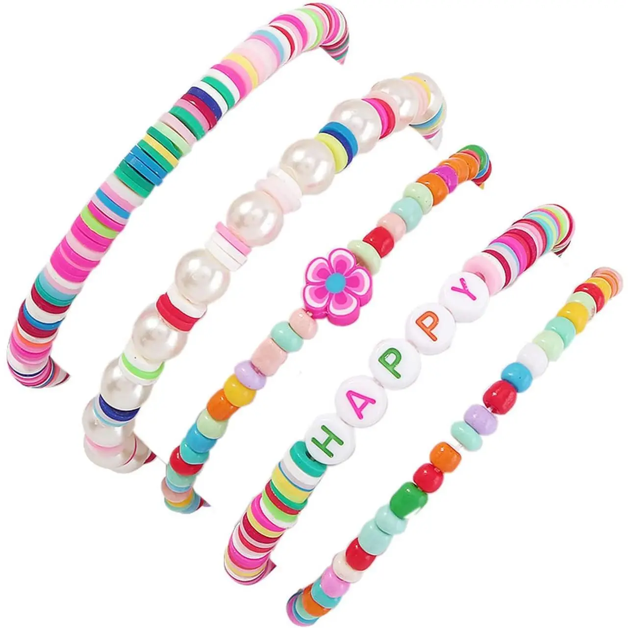 Women's 5-Count Modern Boho Heishi Vinyl Disc Beaded Bracelet Set - Elastic Stretchy Fit, Lightweight, Tai Flower Imitation Soft Clay Mix, Stackable, Summer Beach Costume Jewelry